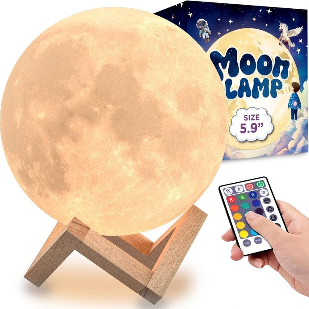 3D Moon Lamp - 16 LED Colors, Dimmable, Rechargeable Night Light Large, 5.9in wi